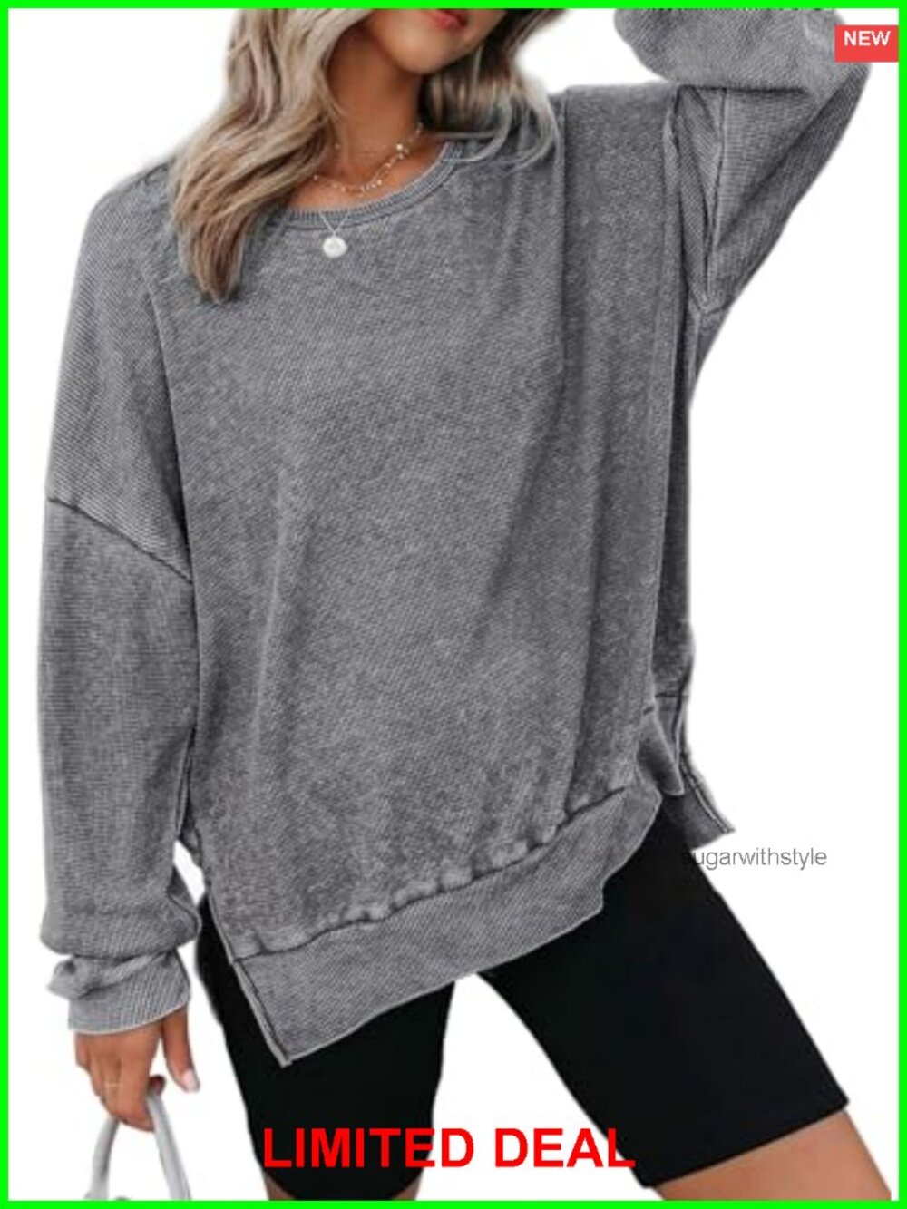 Oversized Waffle Knit Crewneck Sweatshirt Long Sleeve Side Slits Casual